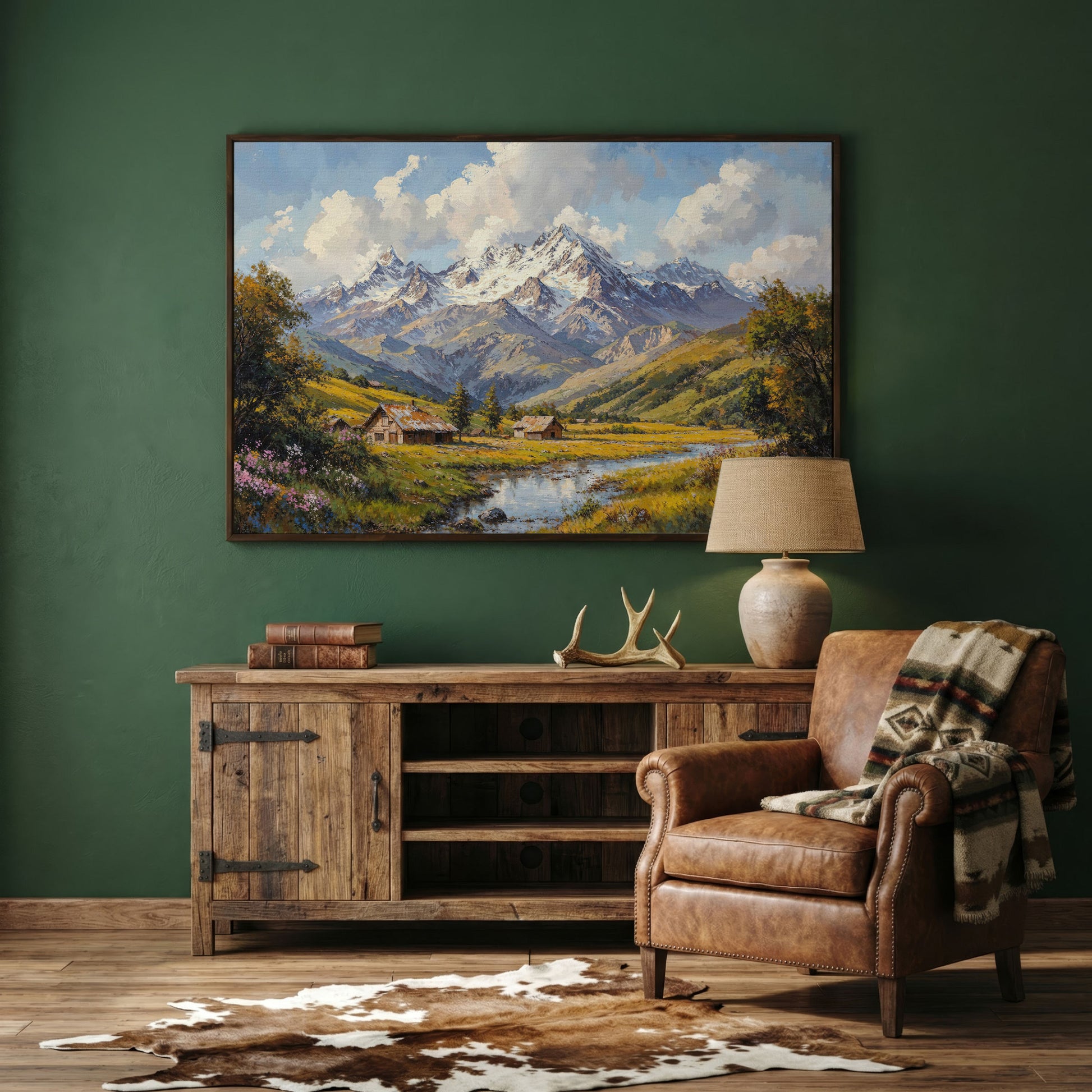 Mountain Cabins by Creek Canvas in dark walnut floating frame
