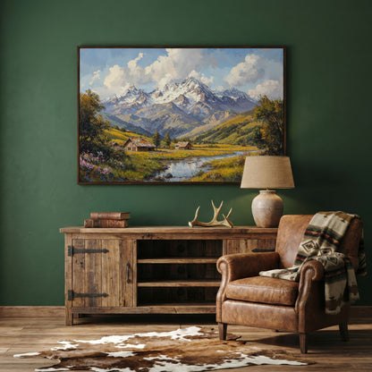 Mountain Cabins by Creek Canvas in dark walnut floating frame