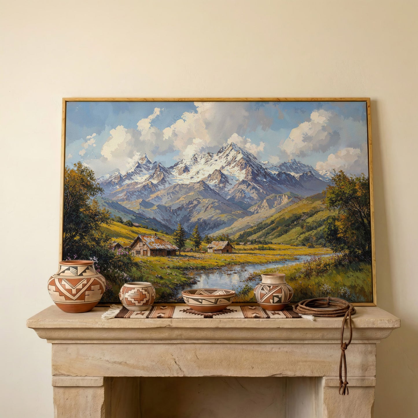 Mountain Cabins by Creek Canvas in white oak floating frame