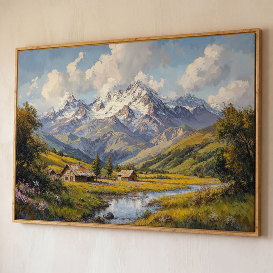Mountain Cabins by Creek Canvas shown in white oak floating frame