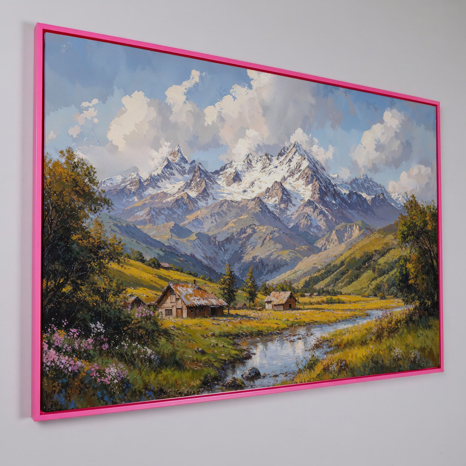Mountain Cabins by Creek Canvas in pink floating frame