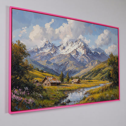 Mountain Cabins by Creek Canvas in pink floating frame
