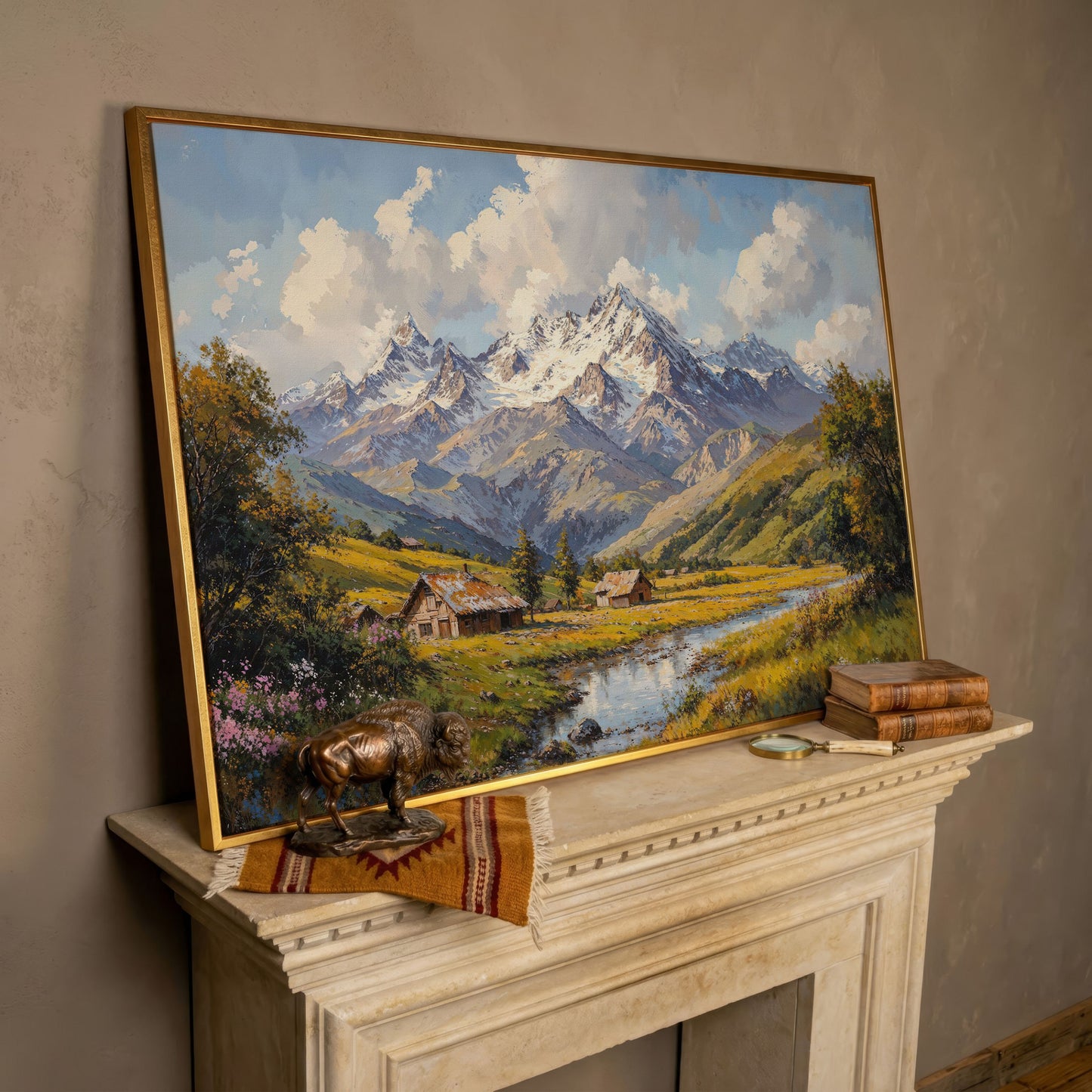 Mountain Cabins by Creek Canvas in rose gold floating frame