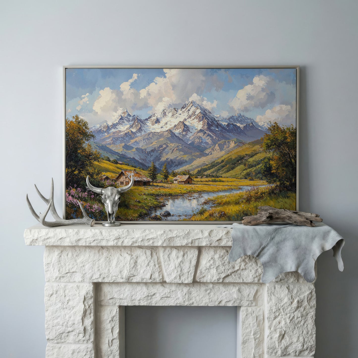 Mountain Cabins by Creek Canvas in silver floating frame
