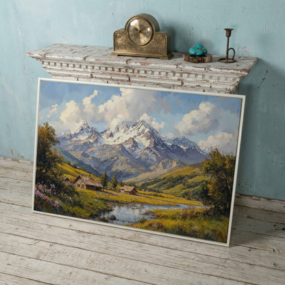 Mountain Cabins by Creek Canvas in white floating frame