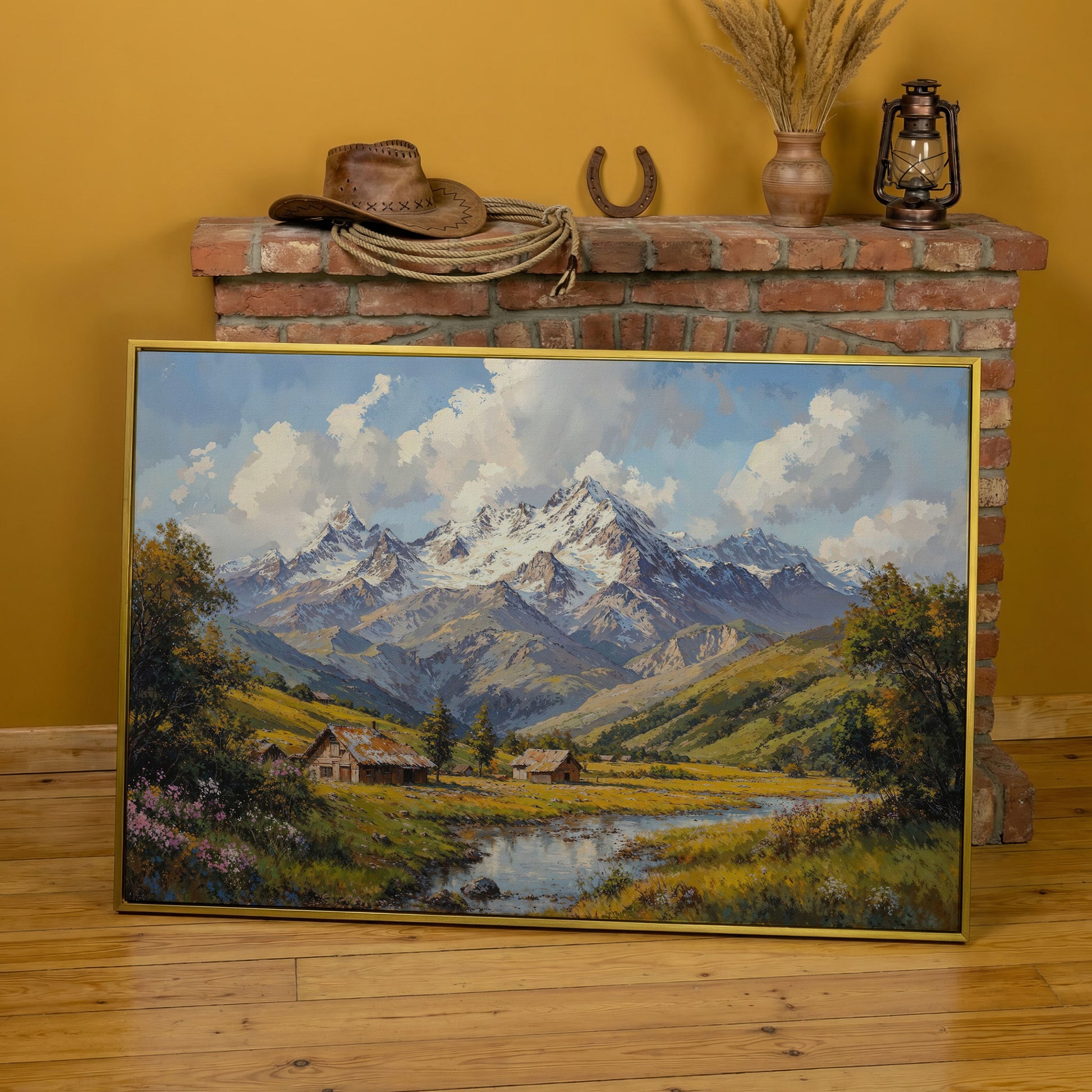 Mountain Cabins by Creek Canvas in yellow gold floating frame