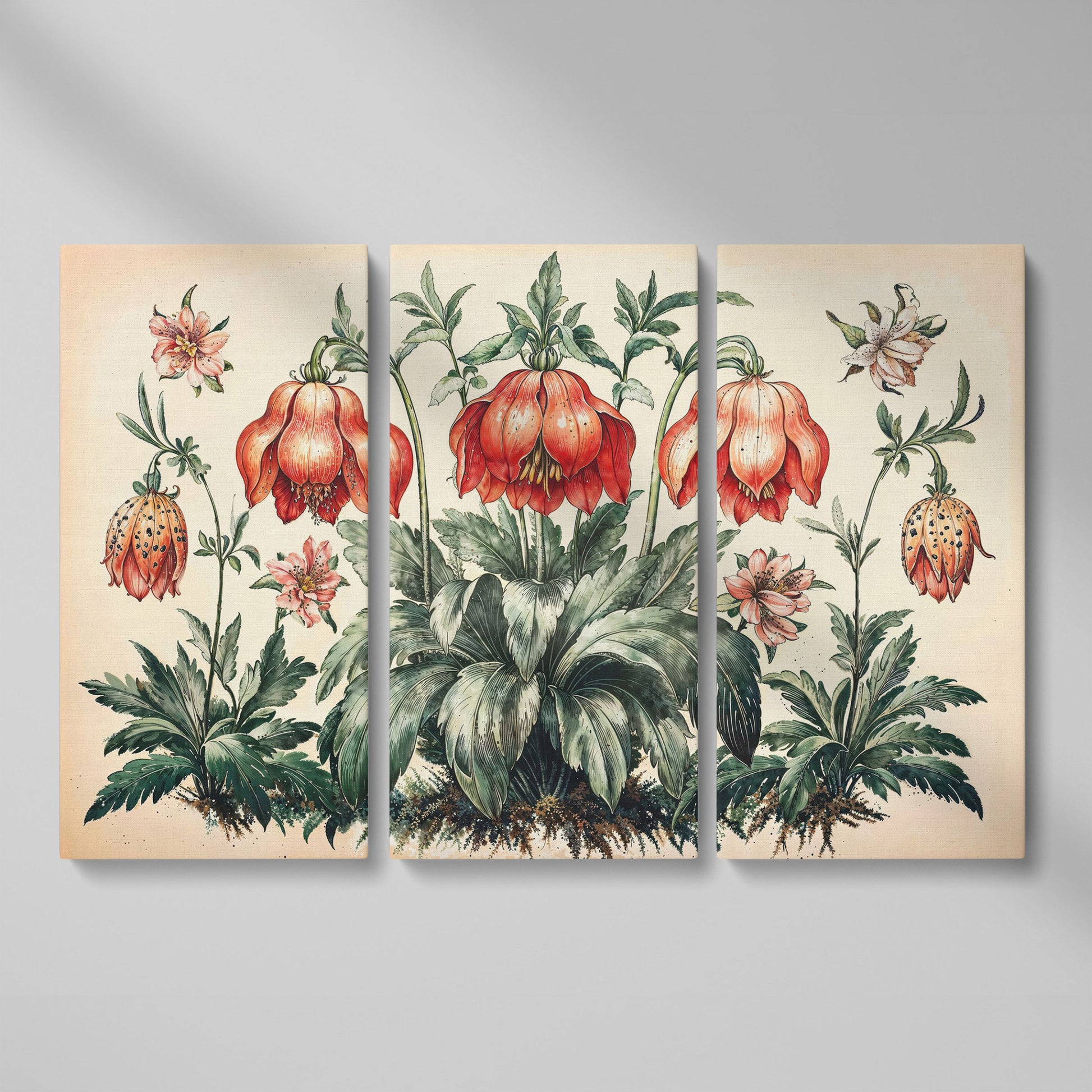 Vintage Botanical Wildflowers Canvas Art as 3-panel split version