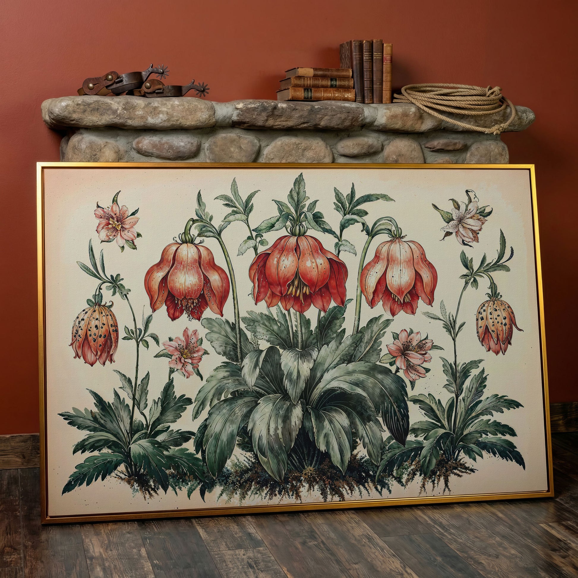 Vintage Botanical Wildflowers Canvas Art in antique gold floating frame