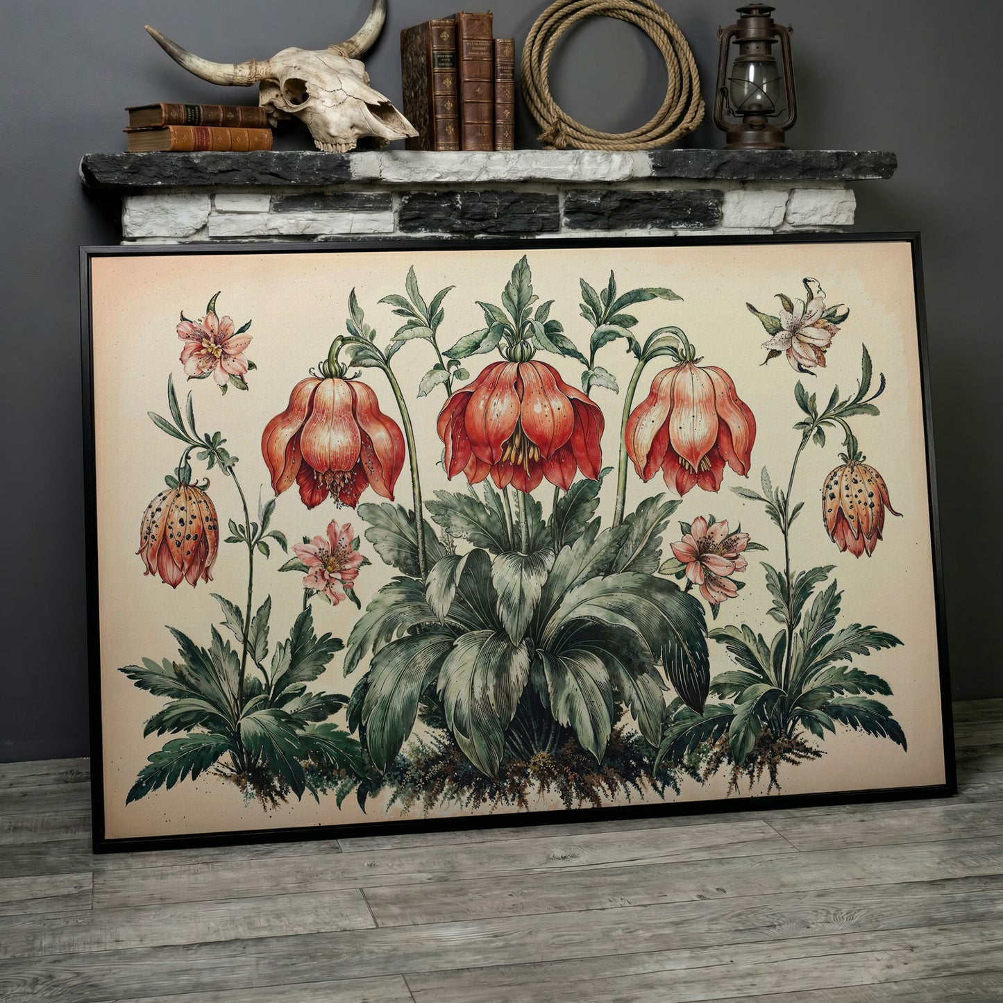 Vintage Botanical Wildflowers Canvas Art in black floating frame