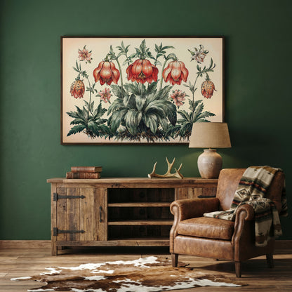 Vintage Botanical Wildflowers Canvas Art in dark walnut floating frame