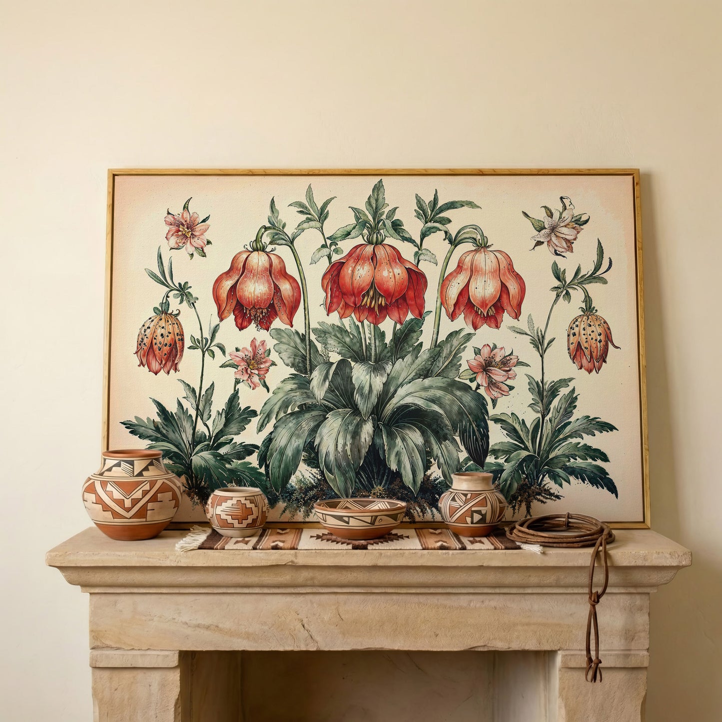 Vintage Botanical Wildflowers Canvas Art in white oak floating frame