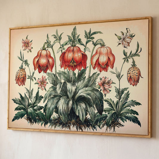 Vintage Botanical Wildflowers Canvas Art shown in white oak floating frame