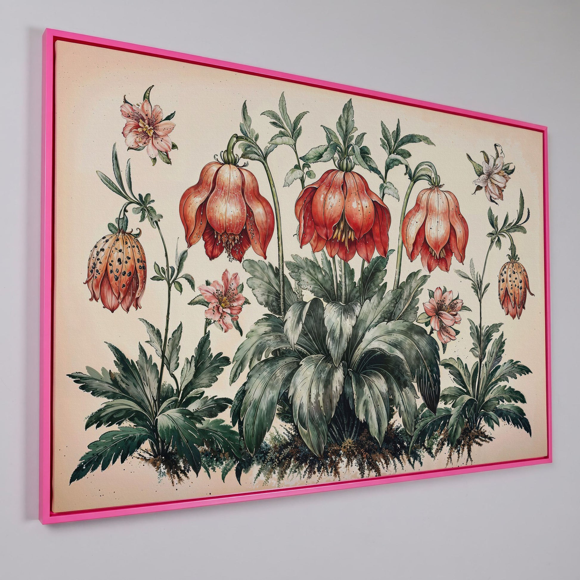 Vintage Botanical Wildflowers Canvas Art in pink floating frame