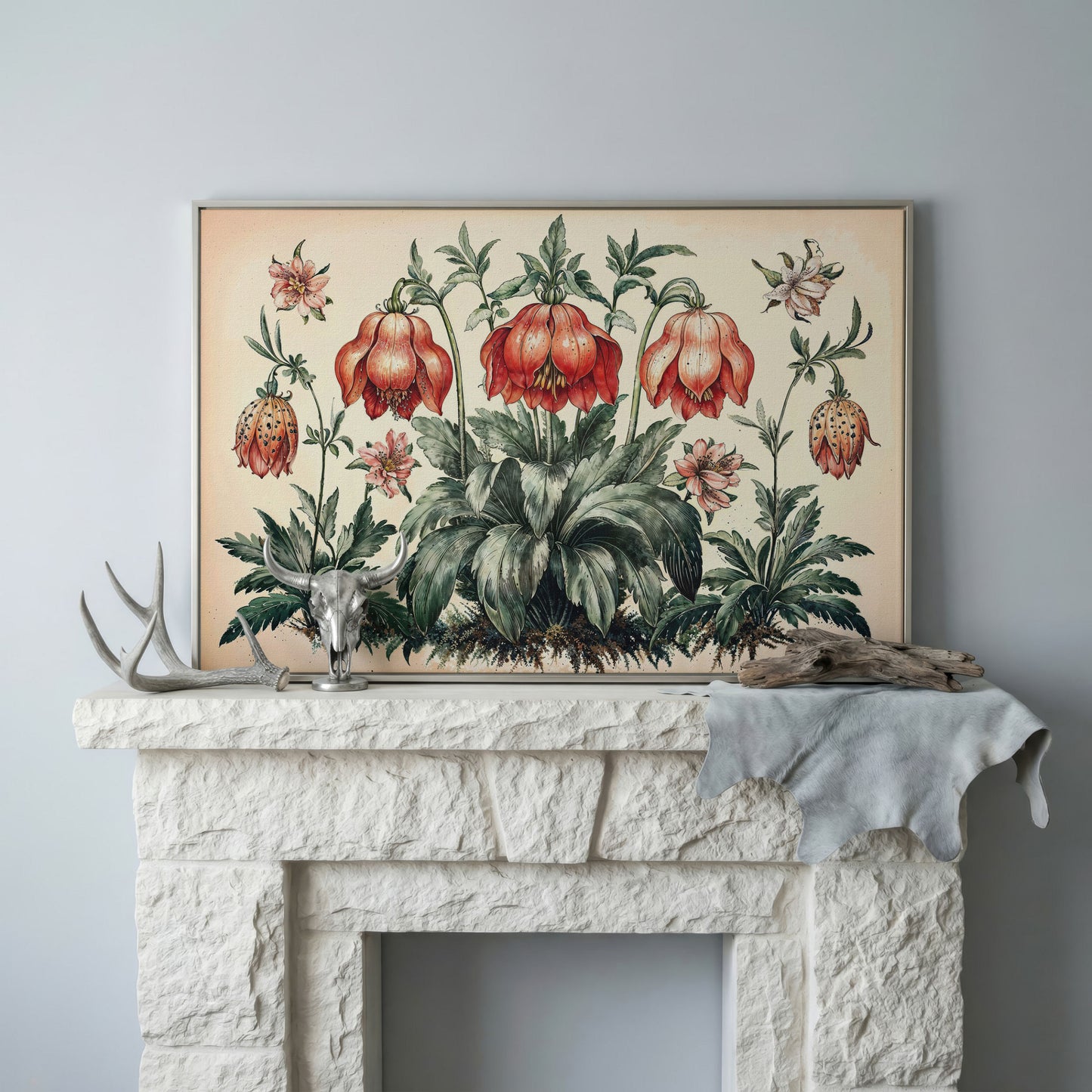 Vintage Botanical Wildflowers Canvas Art in silver floating frame