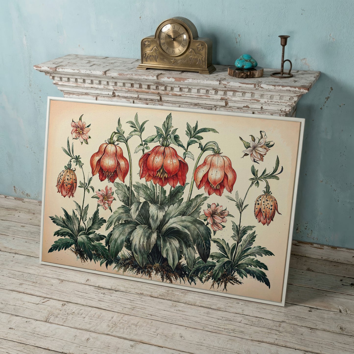 Vintage Botanical Wildflowers Canvas Art in white floating frame