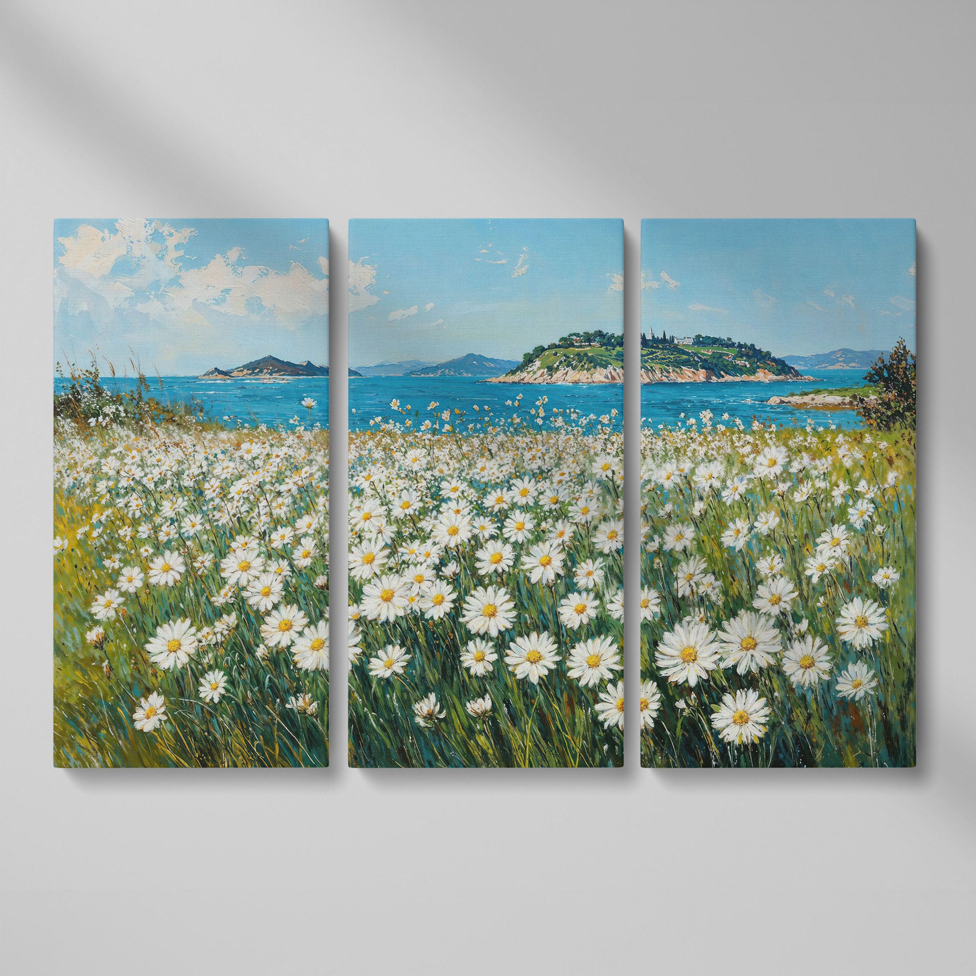 Daisy Field and Ocean Landscape Canvas as 3-panel split version