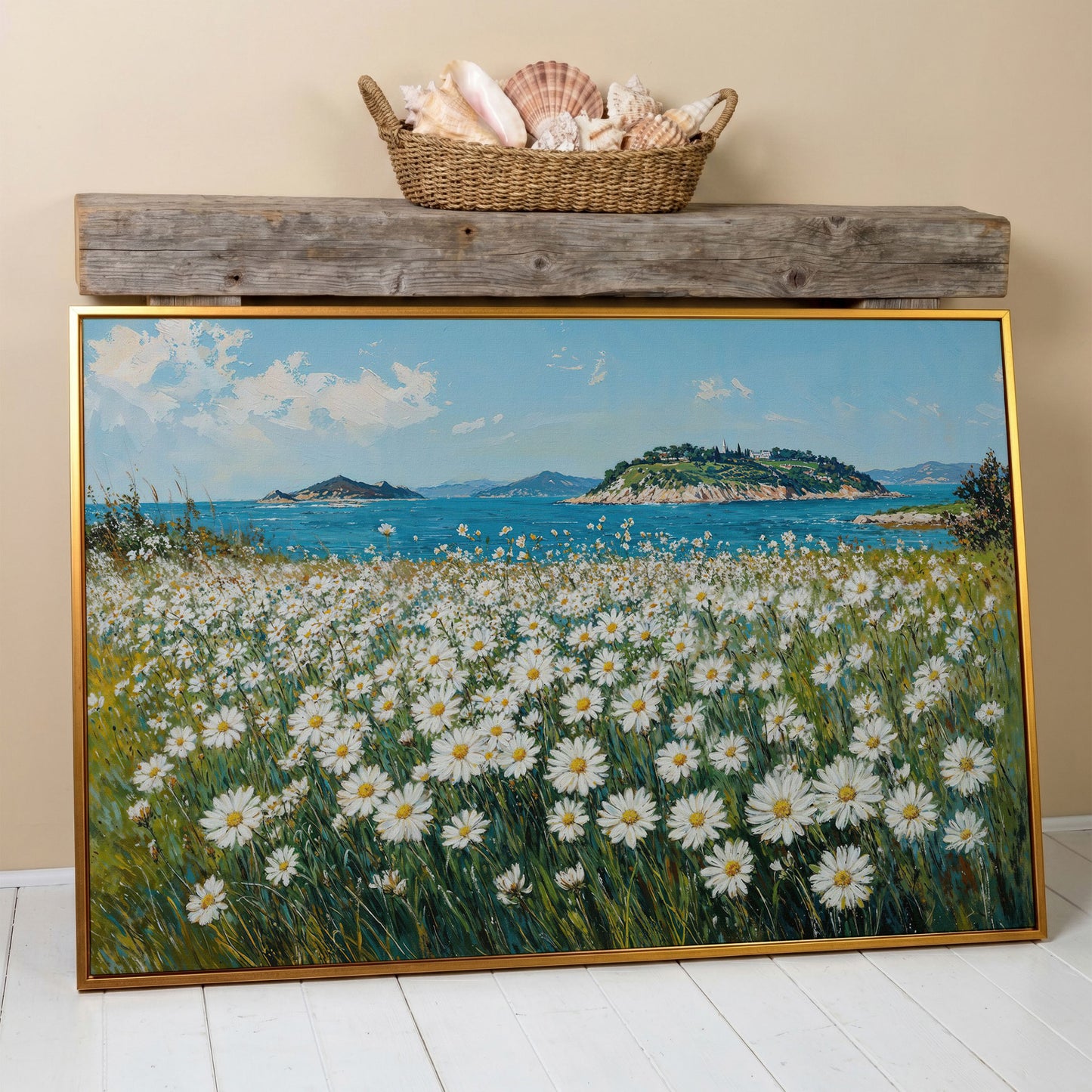 Daisy Field and Ocean Landscape Canvas in antique gold floating frame