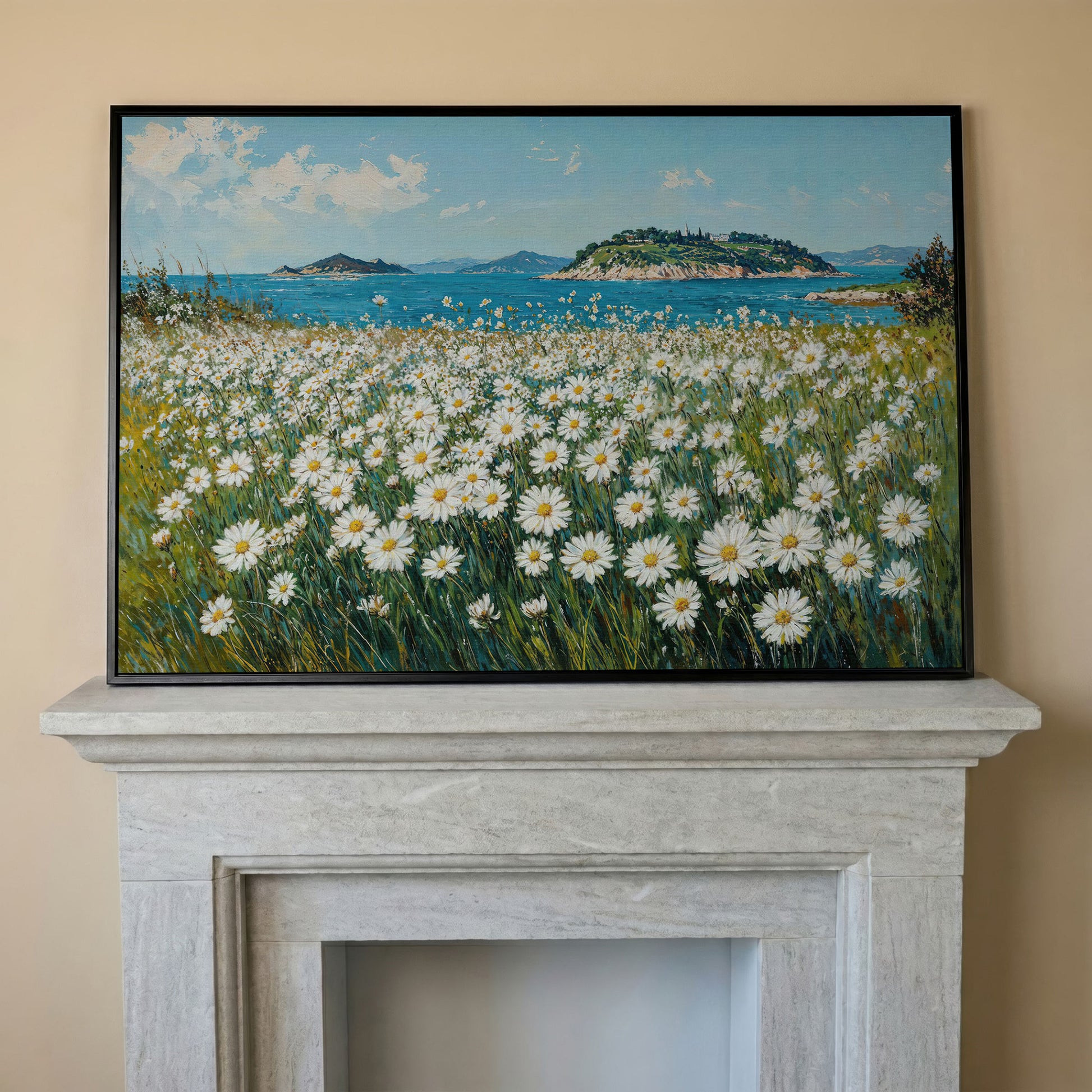 Daisy Field and Ocean Landscape Canvas in black floating frame
