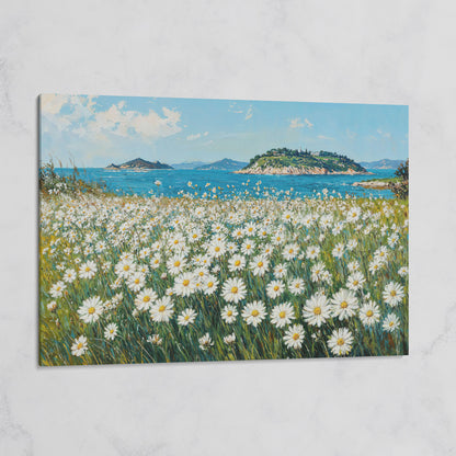 Daisy Field and Ocean Landscape Canvas on gallery wrap