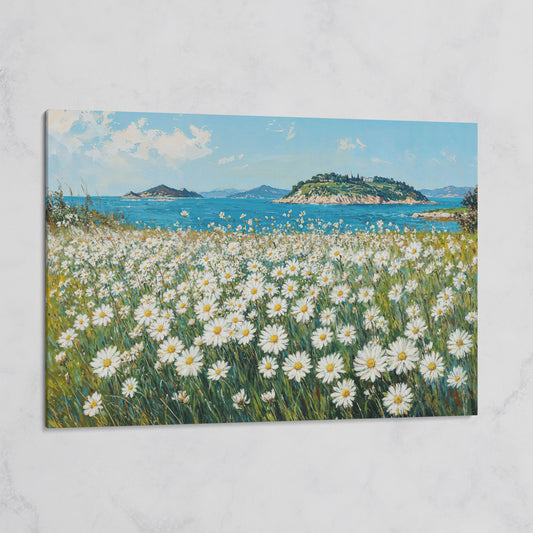 Daisy Field and Ocean Landscape Canvas on gallery wrap