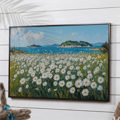 Daisy Field and Ocean Landscape Canvas in dark walnut floating frame