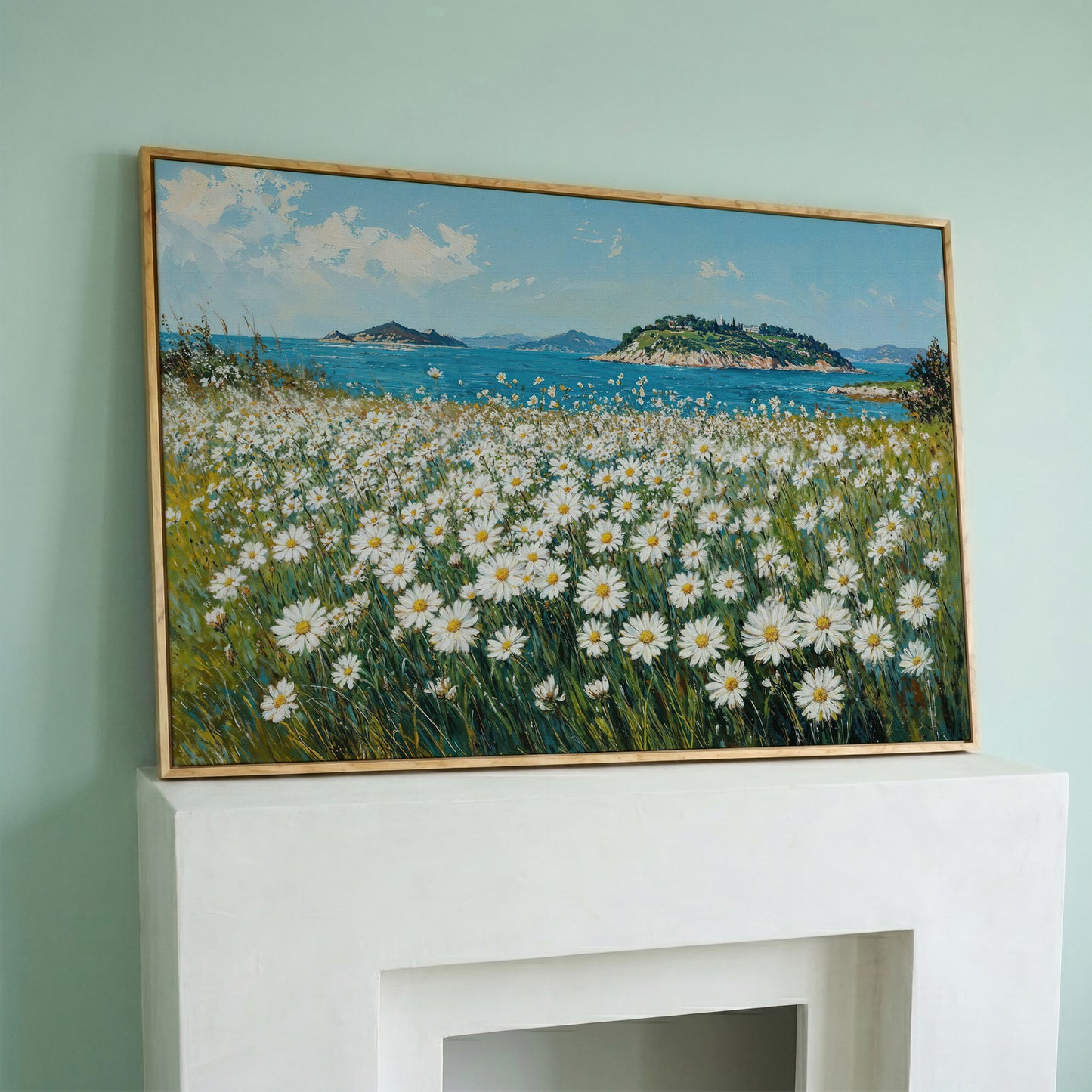 Daisy Field and Ocean Landscape Canvas in white oak floating frame