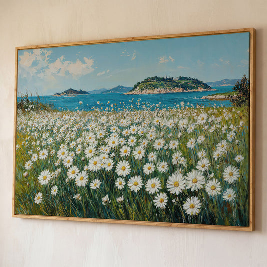 Daisy Field and Ocean Landscape Canvas shown in white oak floating frame