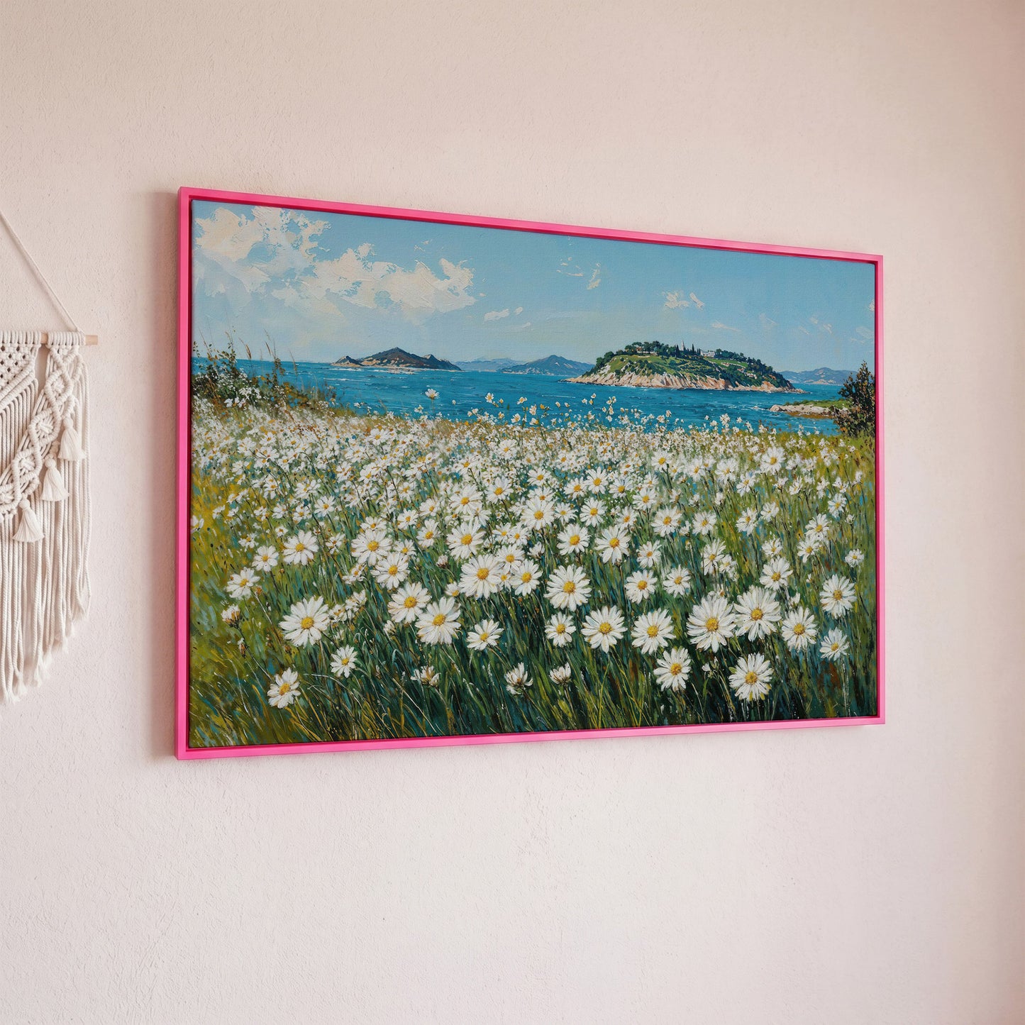 Daisy Field and Ocean Landscape Canvas in pink floating frame