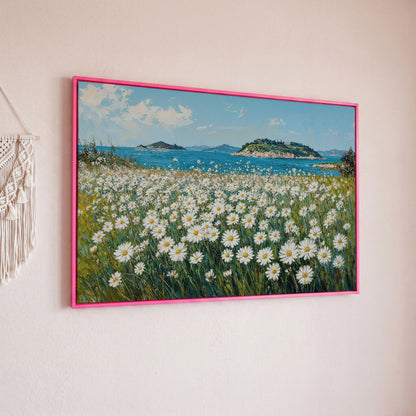Daisy Field and Ocean Landscape Canvas in pink floating frame