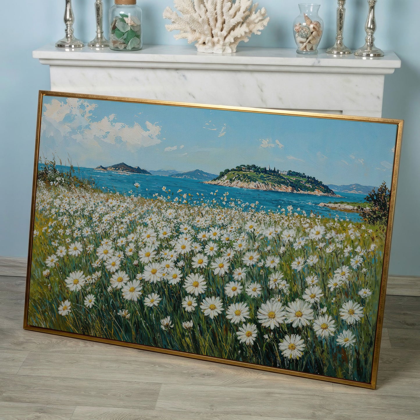 Daisy Field and Ocean Landscape Canvas in rose gold floating frame