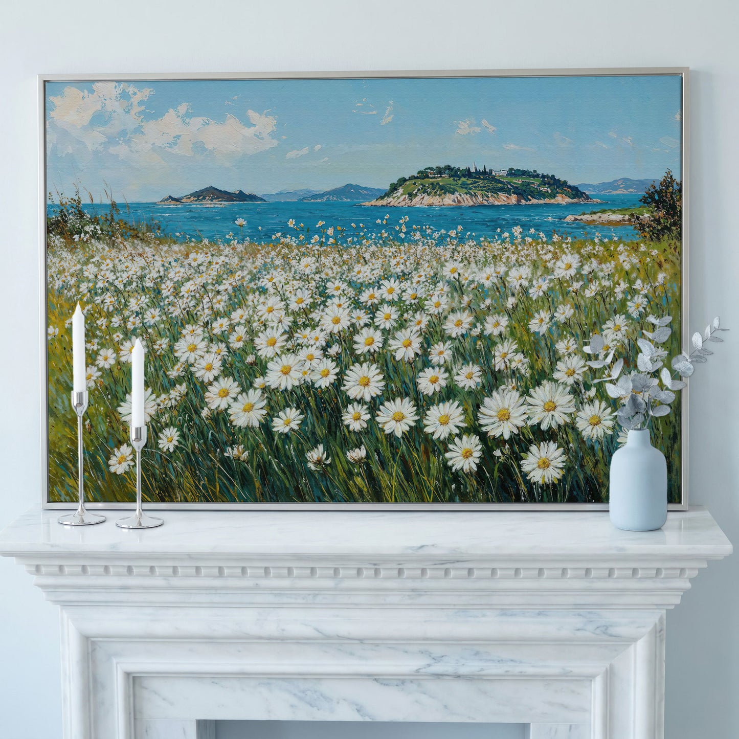 Daisy Field and Ocean Landscape Canvas in silver floating frame