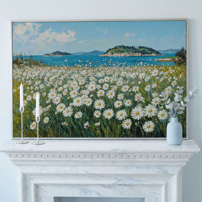 Daisy Field and Ocean Landscape Canvas in silver floating frame