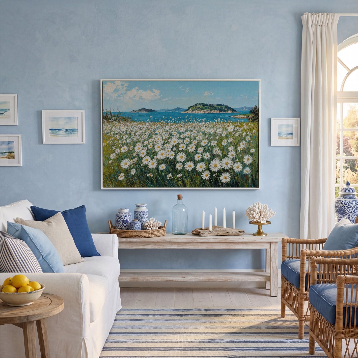 Daisy Field and Ocean Landscape Canvas in white floating frame