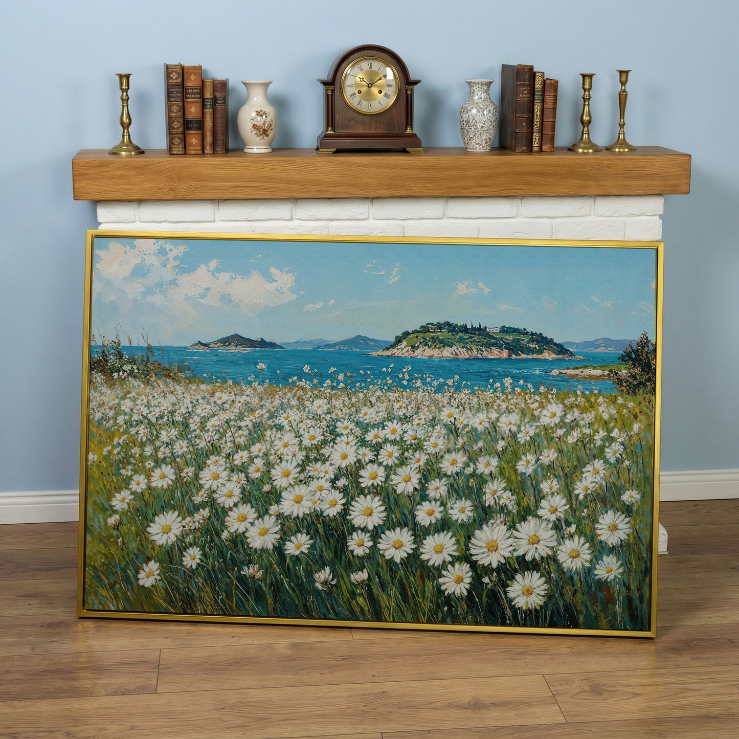 Daisy Field and Ocean Landscape Canvas in yellow gold floating frame