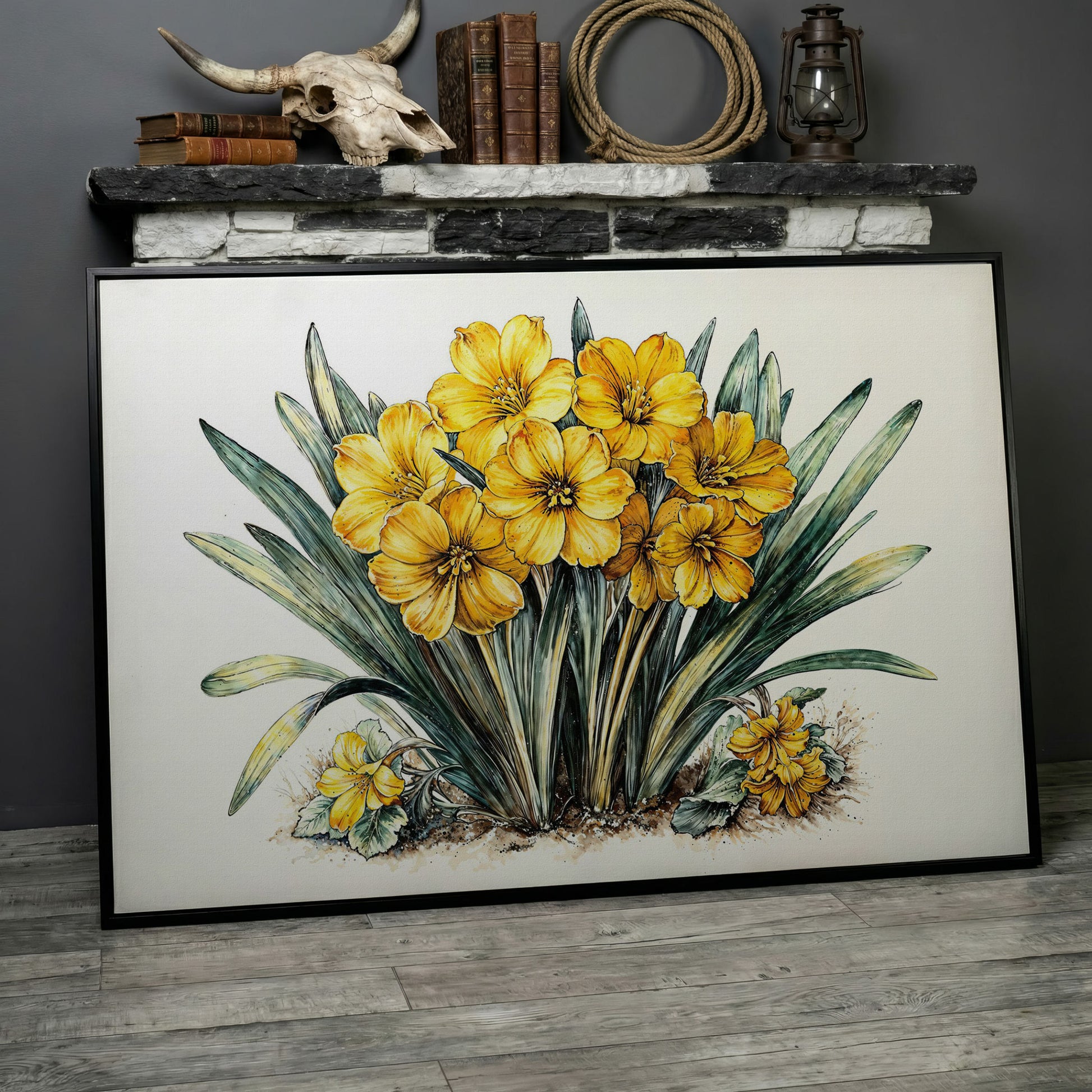 Yellow Blossoms Wildflower Canvas Print in black floating frame