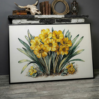 Yellow Blossoms Wildflower Canvas Print in black floating frame