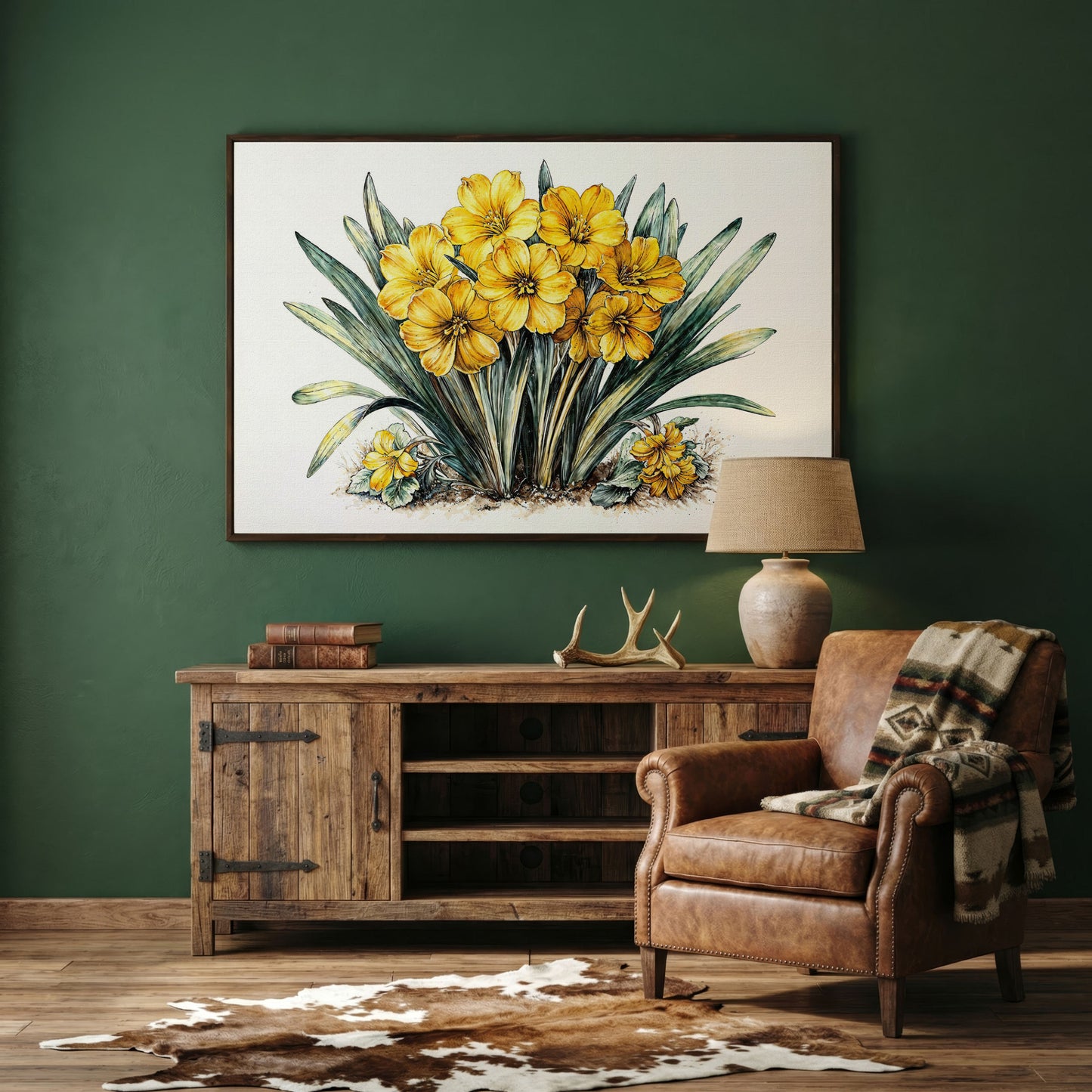 Yellow Blossoms Wildflower Canvas Print in dark walnut floating frame