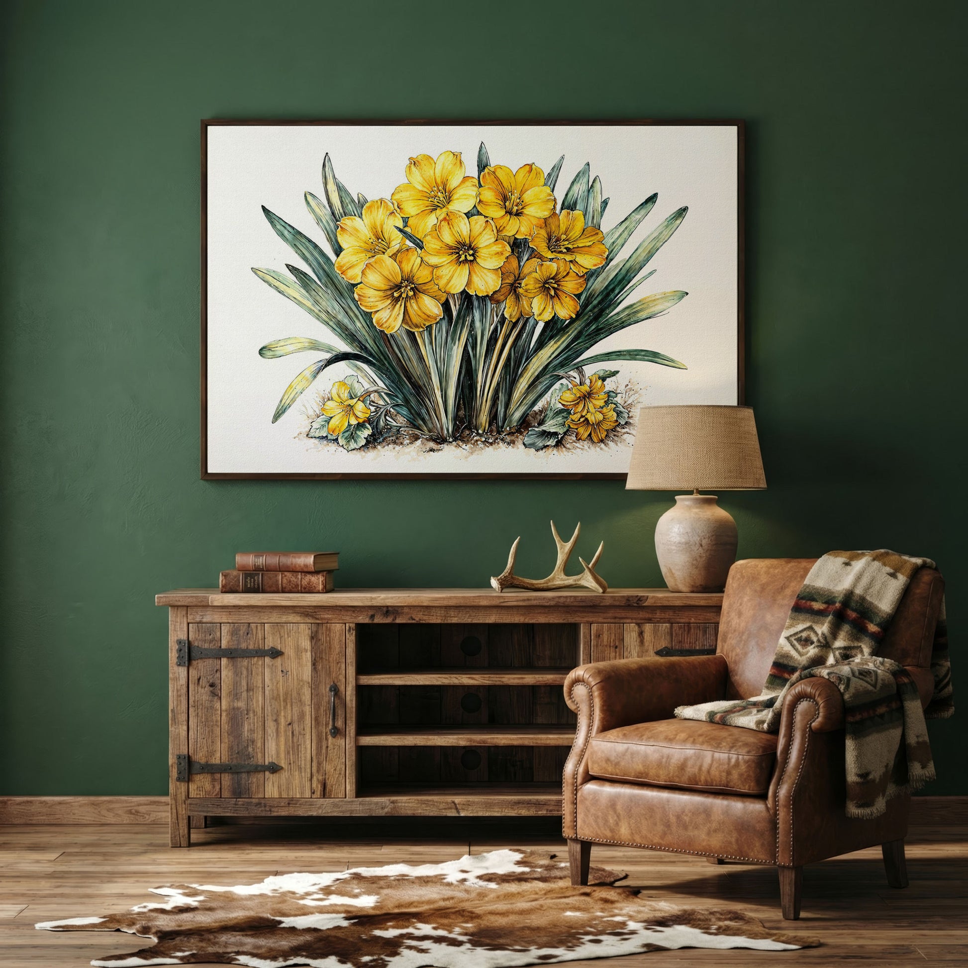 Yellow Blossoms Wildflower Canvas Print in dark walnut floating frame