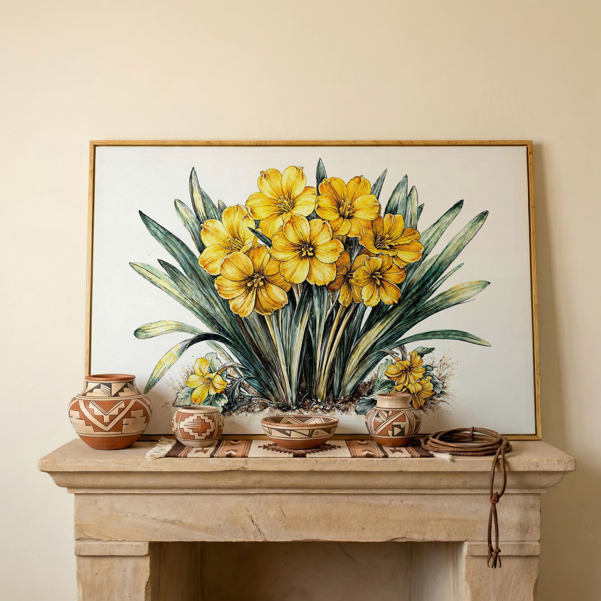 Yellow Blossoms Wildflower Canvas Print in white oak floating frame