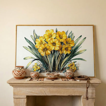 Yellow Blossoms Wildflower Canvas Print in white oak floating frame