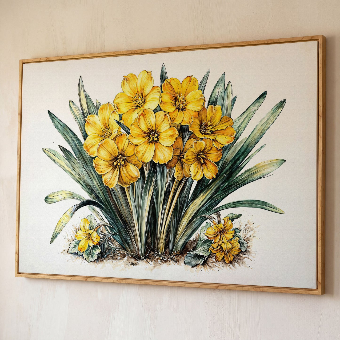 Yellow Blossoms Wildflower Canvas Print shown in white oak floating frame