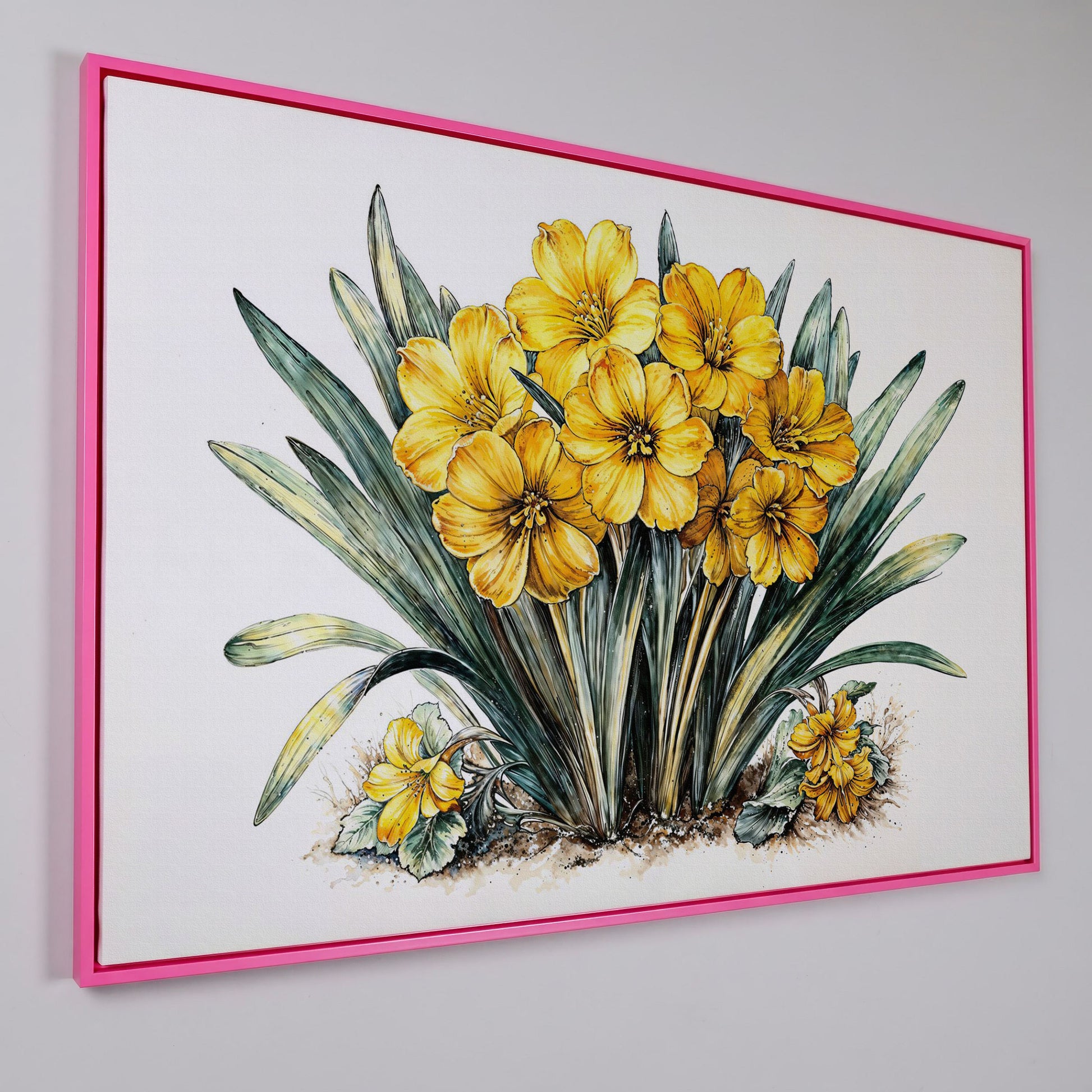 Yellow Blossoms Wildflower Canvas Print in pink floating frame