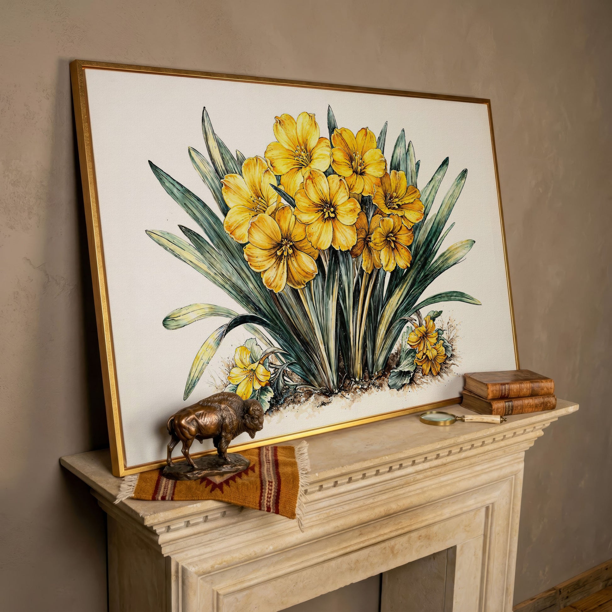 Yellow Blossoms Wildflower Canvas Print in rose gold floating frame