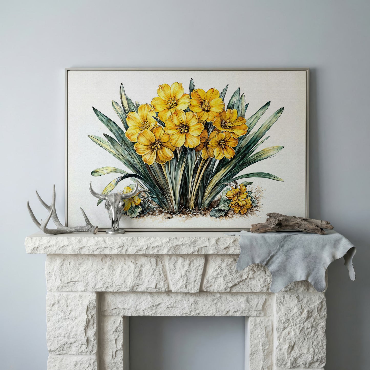Yellow Blossoms Wildflower Canvas Print in silver floating frame