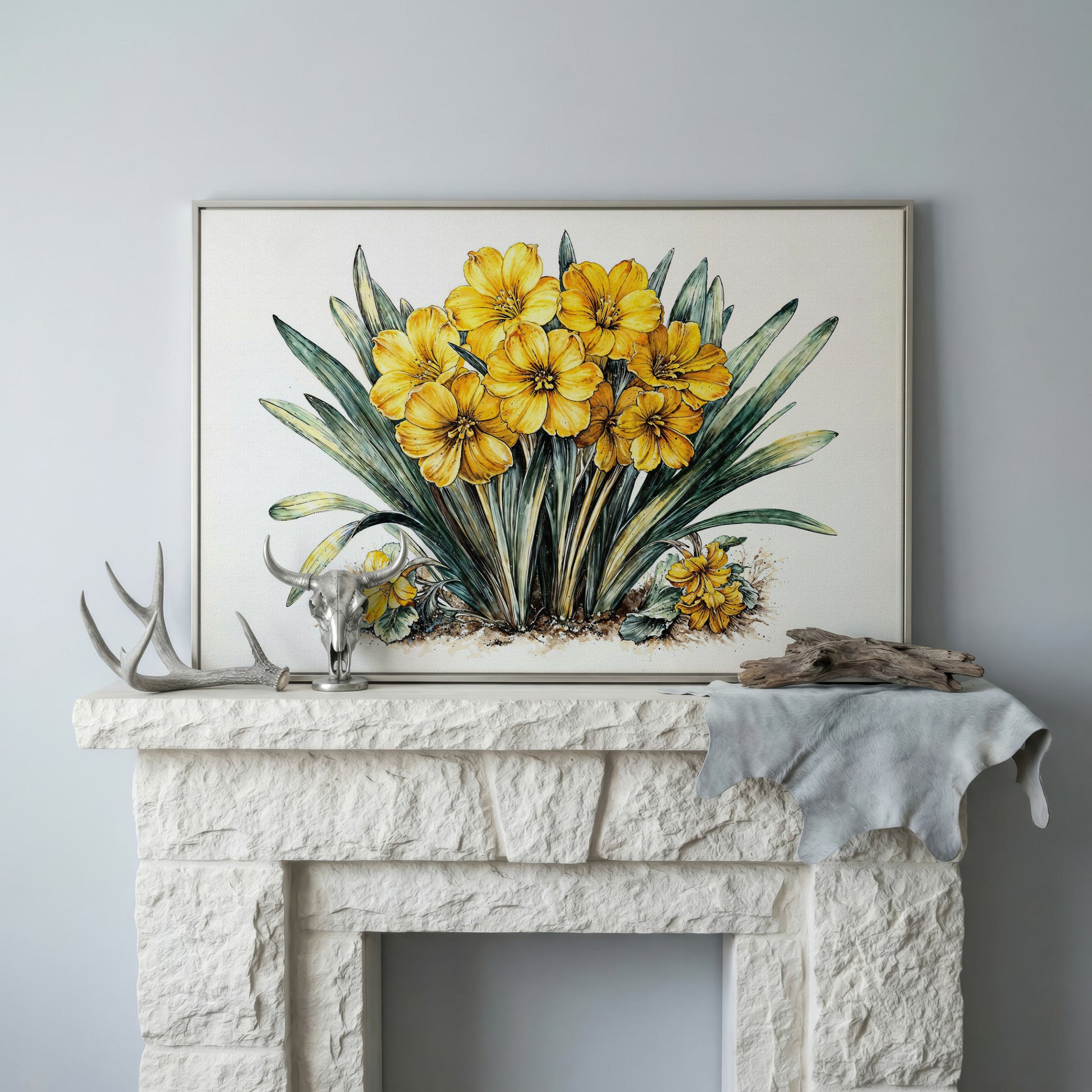 Yellow Blossoms Wildflower Canvas Print in silver floating frame
