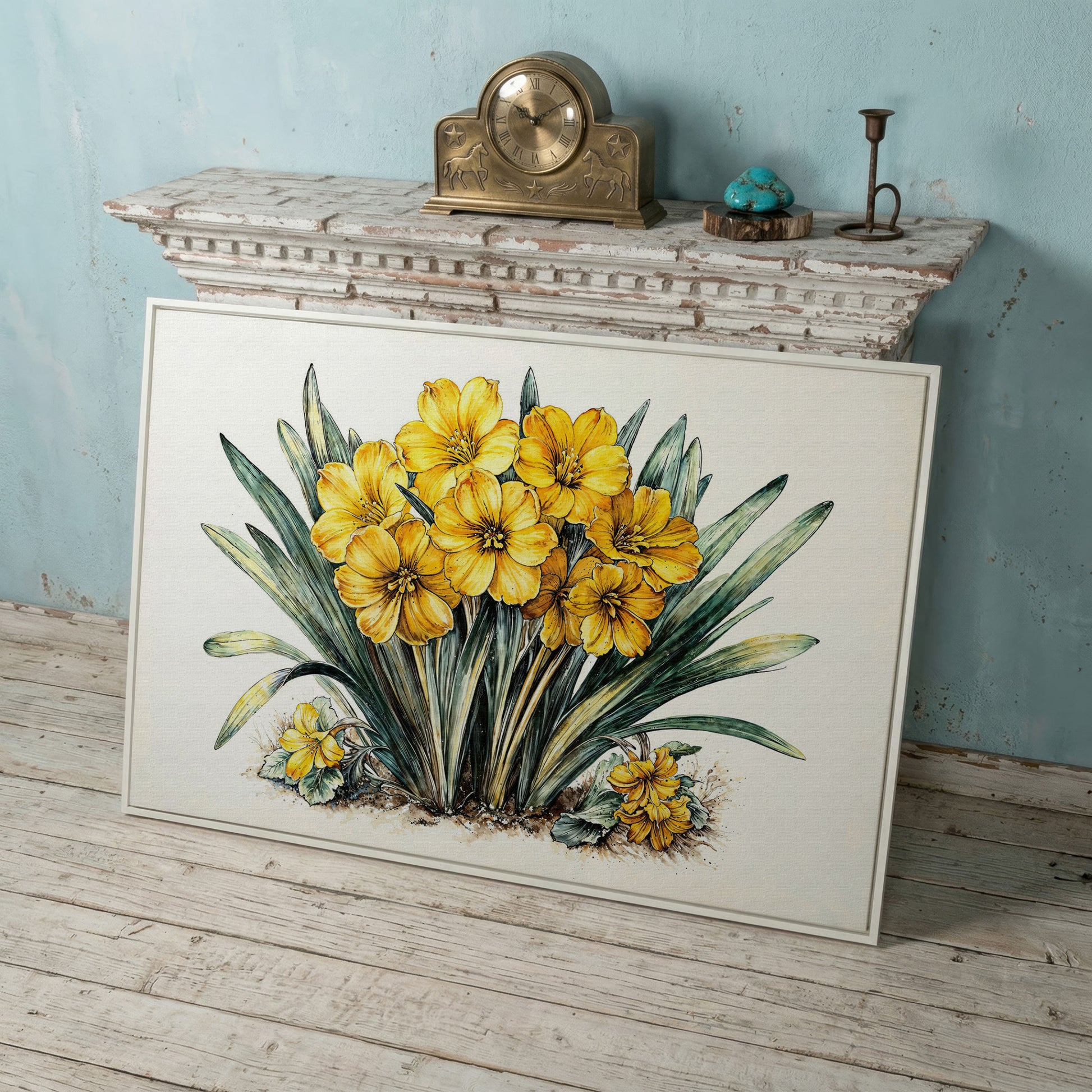 Yellow Blossoms Wildflower Canvas Print in white floating frame
