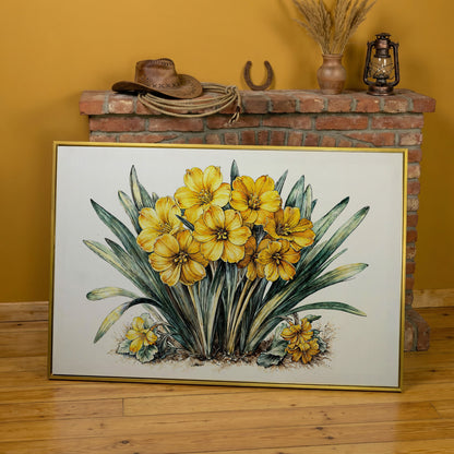 Yellow Blossoms Wildflower Canvas Print in yellow gold floating frame