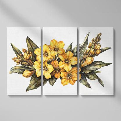 Yellow Flowers with Sage Leaves Canvas Print as 3-panel split version