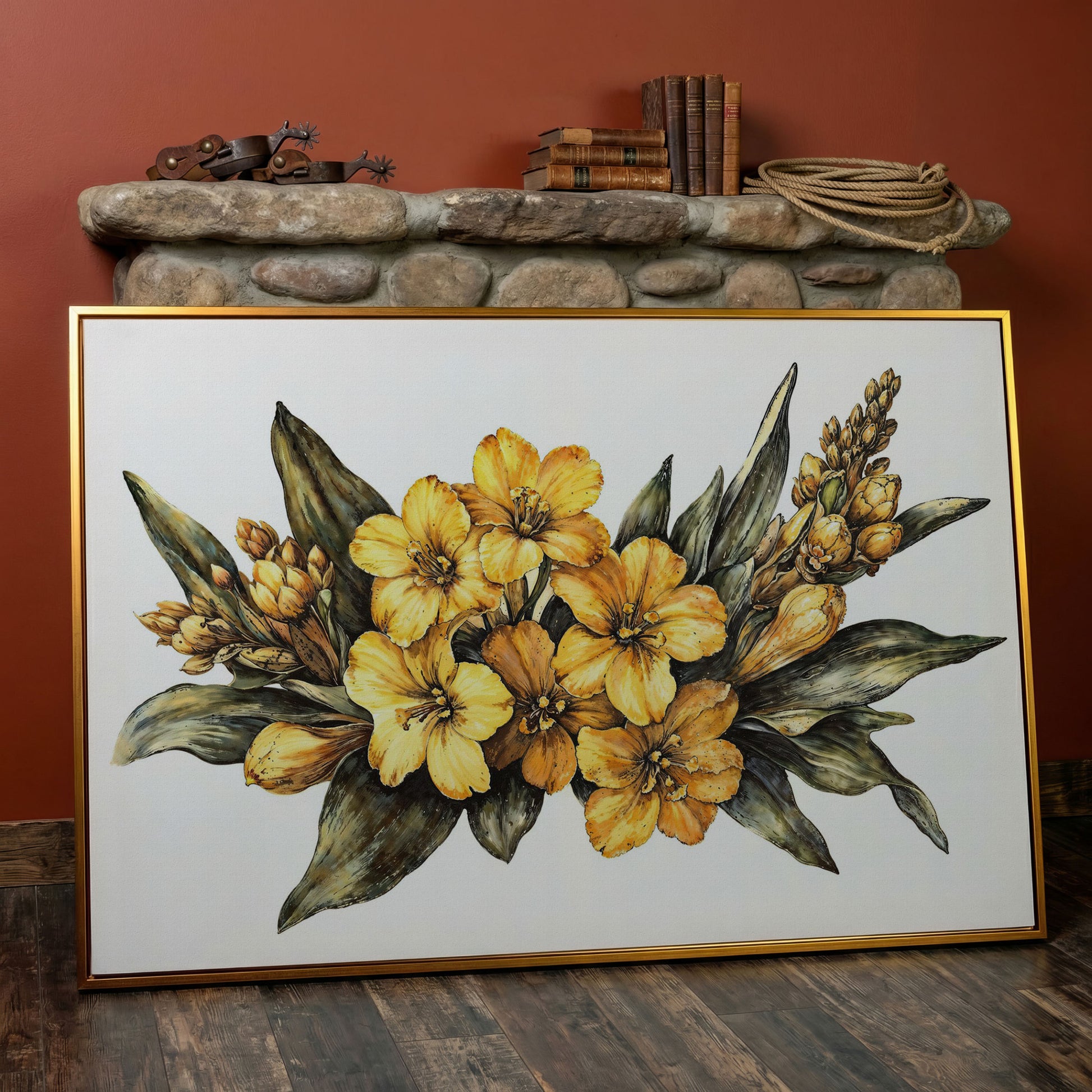 Yellow Flowers with Sage Leaves Canvas Print in antique gold floating frame