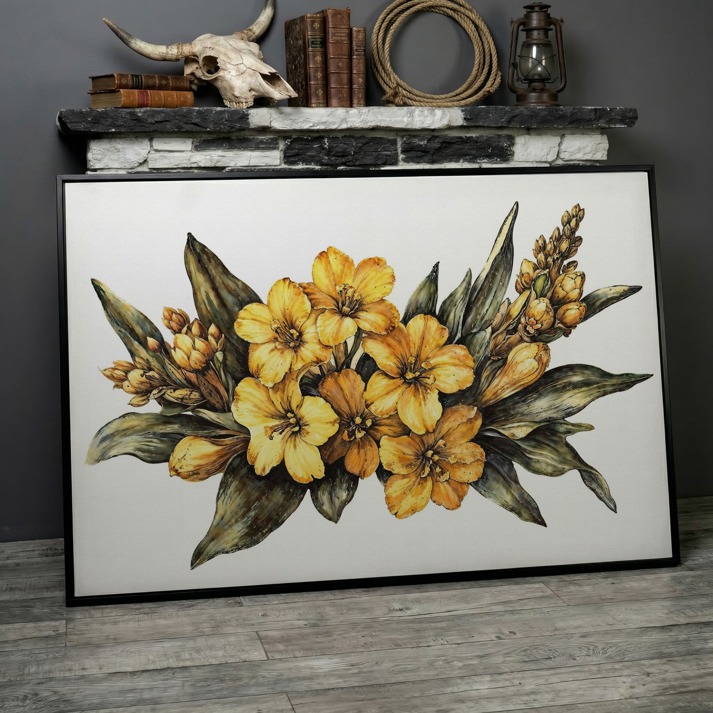 Yellow Flowers with Sage Leaves Canvas Print in black floating frame